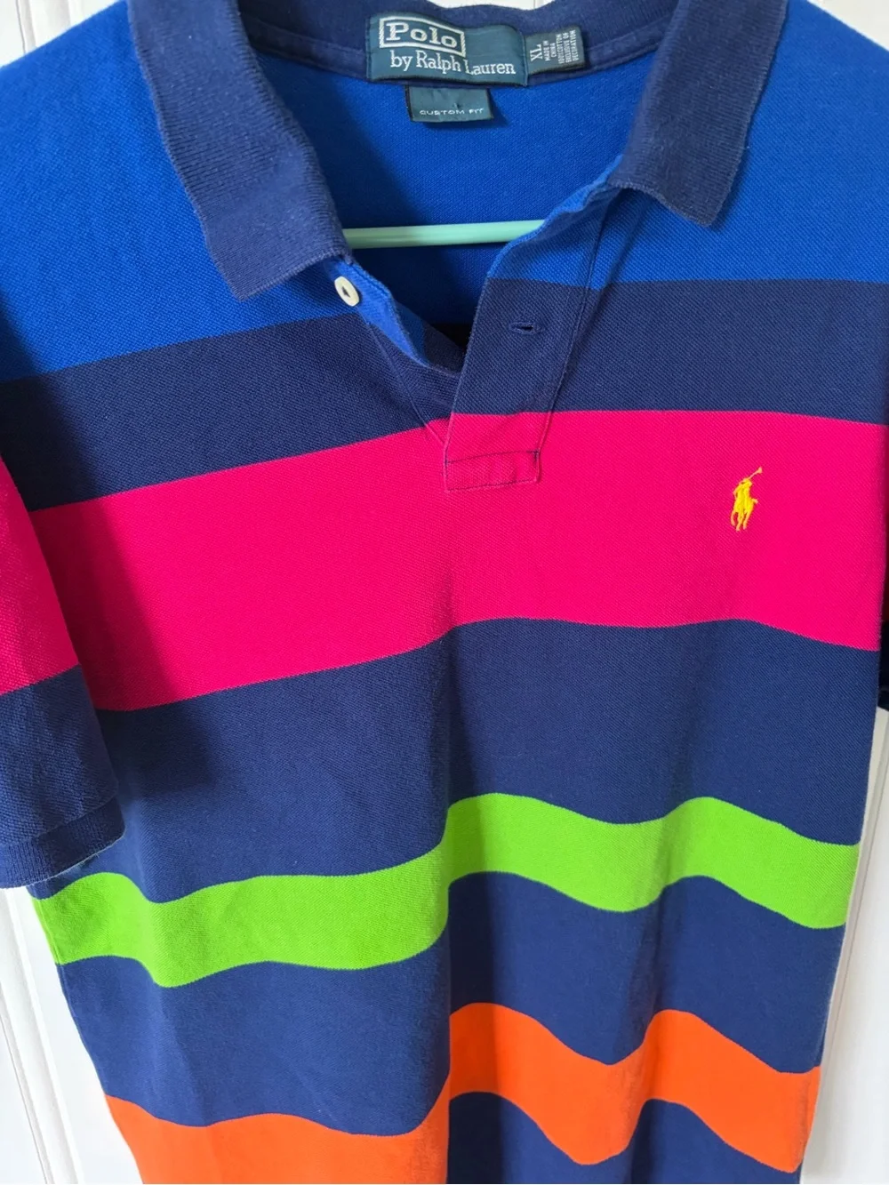 Ralph Lauren Men’s Navy Polo with Pink, Lime & Orange Stripes